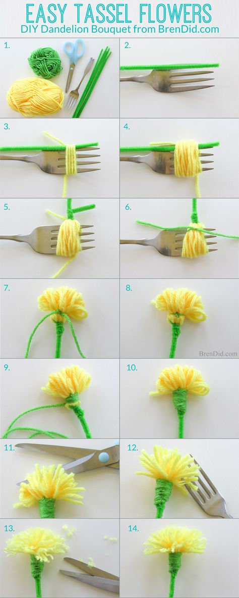 Easy Tassel Flowers: DIY Dandelion Bouquet | http://brendid.com/easy-tassel-flowers-diy-dandelion-bouquet/ Diy – Velikonoce, Diy Flores, How To Make Tassels, Fleurs Diy, Diy Simple, Mothers Day Crafts, Flowers Diy, Spring Crafts, Cute Crafts