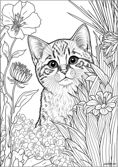 Cute cat behind flowers - 1 - - JustColor.net : Free adult printable coloring pages Cat And Flowers Drawing, Flower Coloring Pages For Adults, Cat Colouring, Cat Coloring Pages, Printable Flower Coloring Pages, Flowers Coloring, Cat Coloring, Cat Coloring Book, Kitty Coloring