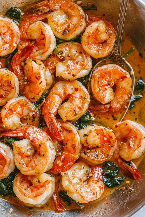 Garlic Butter Shrimp Recipe with Spinach - #shrimp #recipe #eatwell101 - These delicious, buttery, garlicky shrimp is the perfect base for a dinner everyone will love! - #recipe by #eatwell101® Spinach And Shrimp Recipes Healthy, Juicy Shrimp Recipe, Sauteed Spinach And Shrimp Recipes, Shrimp Spinach And Mushroom Recipes, Spinach And Shrimp Recipes, Shrimp Spinach Recipes, Shrimp And Spinach Pasta, Shrimp And Sauteed Spinach, Shrimp And Spinach Recipes