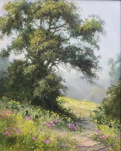 Spring Tree Art, Tree Painting Easy, Meadow Painting, Abstract Tree Painting, Wildflower Paintings, Watercolor Art Landscape, Good Art, Spring Meadow, Landscape Art Painting