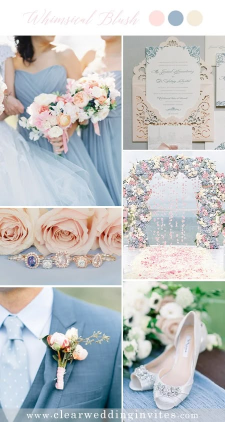 Blush Pink Wedding Color Ideas with Fairytale Vibe – Clear Wedding Invites Blue And Pink Wedding Invitations, Blush And Light Blue Wedding, Light Blue And Pink Wedding, Blush Pink And Blue Wedding, Blue And Pink Wedding Theme, Blush Wedding Gowns, March Wedding Colors, Blue And Pink Wedding, Periwinkle Wedding