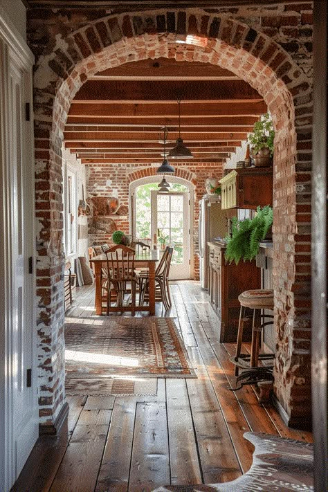 Timeless Brick Archway Farmhouse Brick In Home, Red Brick Home Interior, Brick Wall Building, Old Brick House Renovation, Brick Bar Ideas For Home, Brick Archway In Kitchen, Brick House Decor, Brick Doorway, Closet Offices