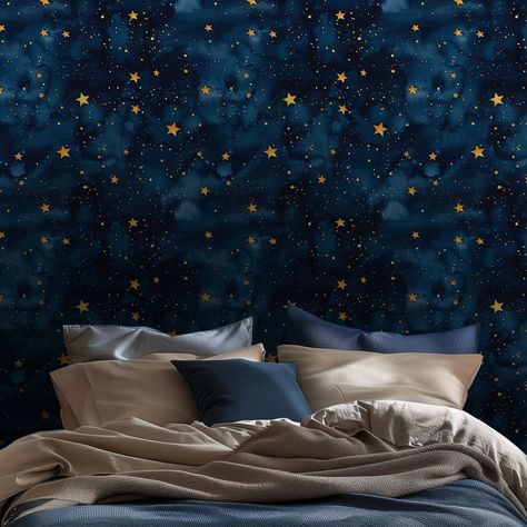 Andie Wallpaper – Painted Paper Ravenclaw Room, Starry Ceiling, String Lights In The Bedroom, Accent Wall Designs, All Wallpaper, Space Room, Bedroom Color Schemes, Tiny Apartment, Pattern Repeat