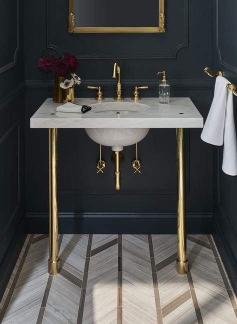 Waterworks Foro Faucet in unlacquerd brass on the Opus Metal Round Single Two Leg Washstand is a classic example. Also shown the Masterpiece Twill Stripe mosaic floor. Console Sink, Downstairs Bathroom, Powder Room Design, Bathroom Pictures, Cheap Bathrooms, Bathroom Design Luxury, Lavatory Faucet, Rustic Bathroom, Black Bathroom