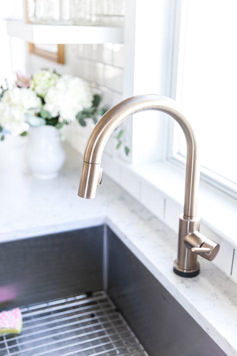 Our Kitchen Renovation: A Year-ish Later-faucet Kitchen Sync, Kitchen Inspirations White, White Kitchen Faucet, White Kitchen Renovation, White Kitchen Inspiration, Kitchen Faucet Design, Small White Kitchens, Best Kitchen Faucets, Modern Kitchen Faucet