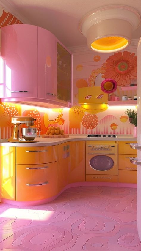 Fun House Interior, Fun Colorful Kitchen, Rainbow House Exterior, Pink Orange Kitchen, Colorful Home Aesthetic, Bright Pink Room, Colorful Vintage Aesthetic, Bright Colors Aesthetic, Pink Aesthetic Decor