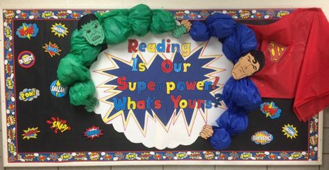 Hero Bulletin Board, Superhero Bulletin Boards, Superhero Class, Super Hero Classroom, Reading Week, Superhero Classroom Theme, Interactive Bulletin Boards, Teacher Bulletin Boards, Reading Bulletin Boards