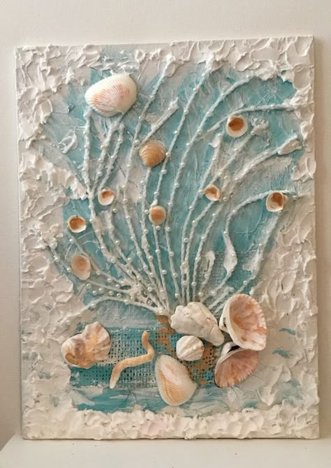 Painting Ideas 2023, Decor Marin, Seashell Art Diy, Art Coquillage, Seashell Wall Art, Acrylic Painting Ideas, Easy Acrylic Painting, Painting Texture, Mixed Media Art Canvas