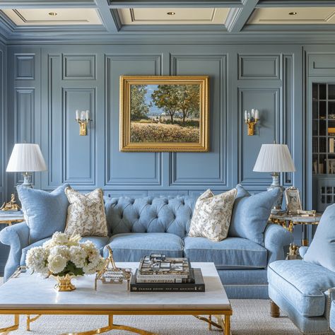 27 Whimsical Living Room Ideas to Spark Creativity Periwinkle Living Room, Grand Millennial Style Living Room, Powder Blue Living Room, Grand Millennial Living Room, Grandmillenial Living Room, Blue Sitting Room, Jewel Tones Interior Design, Elegant Sitting Room, New Traditional Living Room