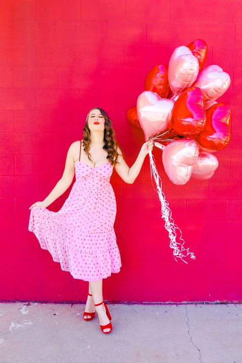 Pink dress with red glitter hearts, red heels. Heart balloons, red wall Betsey Johnson Heart Dress, Valentine Dress, Heart Dress, Red Heels, Betsey Johnson, Pink Dress, Sleeveless Formal Dress, Outfit Inspo, Valentines