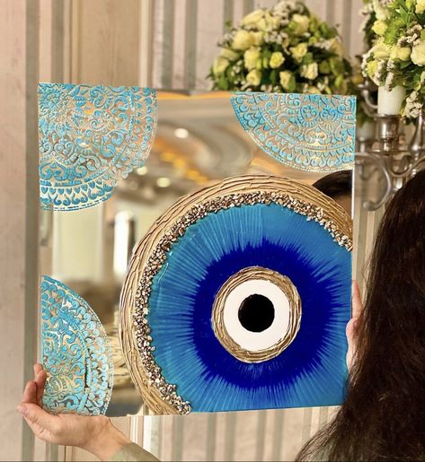 Mirror Painting Ideas, Diy Resin Wall Art, Resin Evil Eye, Evil Eye Wall Art, Eye Wall Art, Hamsa Art, Evil Eye Decor, Canvas Art Painting Acrylic, Evil Eye Art