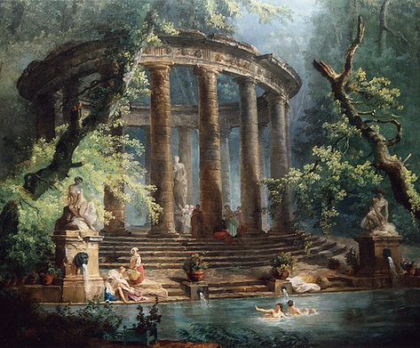 *Rococo Revisited — Detail of the Bathing Pool by Hubert Robert in the... Statue Widget, Tomorrow Aesthetic, The Bathing Pool, Greek Drawing, Ancient Greece Aesthetic, Ancient Greece Art, Hubert Robert, French Mansion, Art 101