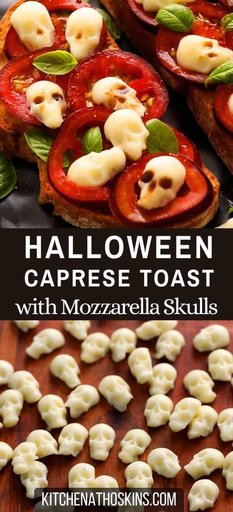 Learn how to make spooky Halloween toast recipe using cheese skulls easily made using a silicone mold. This easy Halloween food idea is ideal for a light lunch or made into bite size crostini for appetizers or snack. Get the Halloween caprese toast using kitchenathoskins.com. Silicone Skull Mold Recipes, Halloween Caprese, Halloween Toast, Caprese Toast, Fun Halloween Food Ideas, Chicken Pesto Pasta Salad, Fun Halloween Desserts, Caprese Bites, Cookies For Halloween