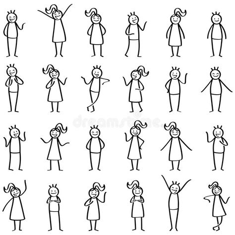 Set of stick figures, stick people standing, pointing, happy men and women smiling and gesturing royalty free illustration Yoga Stick Figures, Stick Men Drawings, Doodle People, Stick Drawings, Stick People, Person Drawing, Stick Figure Drawing, Art Theory, Visual Thinking