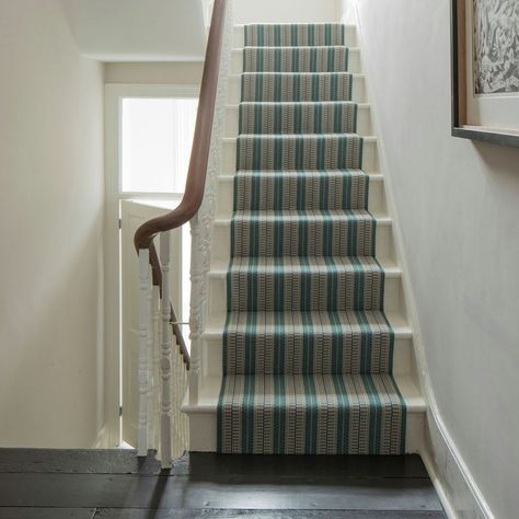 Roger Oates Design on Instagram: “The eye-catching repeating stripes of Vernon Teal infuse soft jade & emerald greens with calming neutrals in this tranquil hallway.” Staircase Runner, Stair Runner, Rich Textures, Teal Green, Floor Coverings, Flat Weave, Ladder Decor, Emerald Green, Contemporary Design