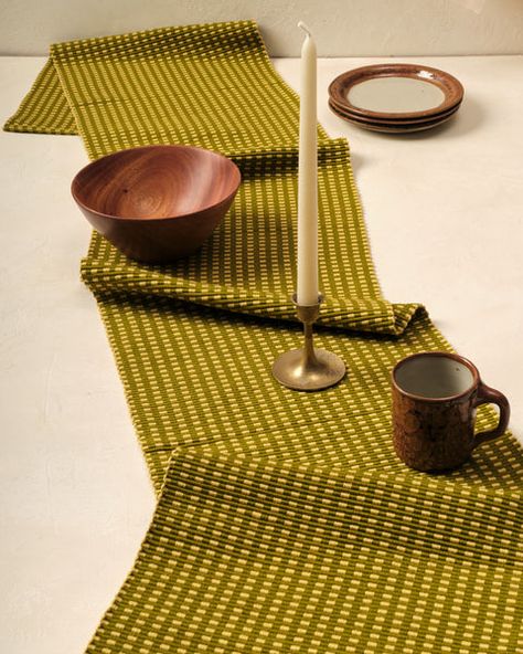 Field Runner in Leaf - Sustainable Kitchen Textiles | MINNA Table Runner Aesthetic, Table Setting With Runner, Textile Furniture, Claremont House, Hand Woven Table Runner, Material Studies, Dining Table Runner, Kitchen Textiles, Rigid Heddle Weaving