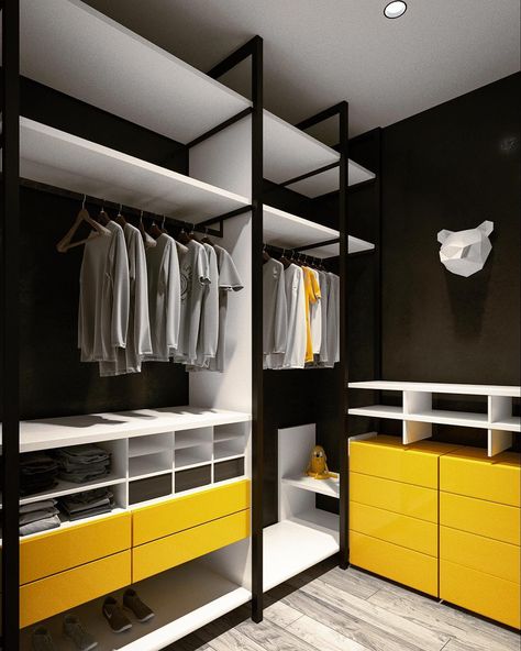 Mens Closet Organization, Mid Modern House, Walk In Closet Inspiration, Industrial Closet, Smart Closet, Modern Home Offices, Black Rooms, Open Wardrobe, Boy Bedroom Design