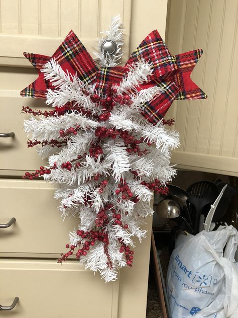 2 white Dollar tree Christmas trees upside down and stacked, dollar tree frosted berry picks and a plaid dollar tree bow...$5 door swag Store Christmas Decorations, Dollar Store Christmas Decor, Dollar Store Christmas Decorations, Christmas Decorations Ideas, Dollar Tree Christmas Decor, Door Swag, Dollar Store Christmas, Diy Dollar Tree Decor, Dollar Tree Christmas