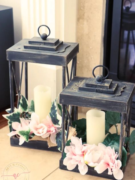 Diy Lanterns Dollar Store, Dollar Tree Lantern, Tree Lantern, Diy Lantern, Farmhouse Lantern, Tree Lanterns, Apartment Deco, Thrift Store Diy, Pink Furniture