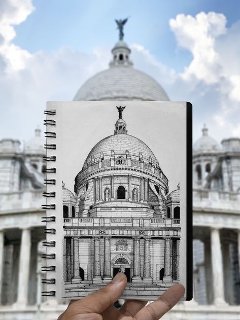 Ink on paper architectural sketching Victoria Memorial Kolkata Painting, Abstract Art With Pencil, Victoria Memorial Sketch, Victoria Memorial Drawing, Art Sketches Buildings, Victoria Memorial Kolkata Sketch, Kolkata Drawing Sketch, Micron Pen Art Sketches Architecture, Indian Architecture Sketches