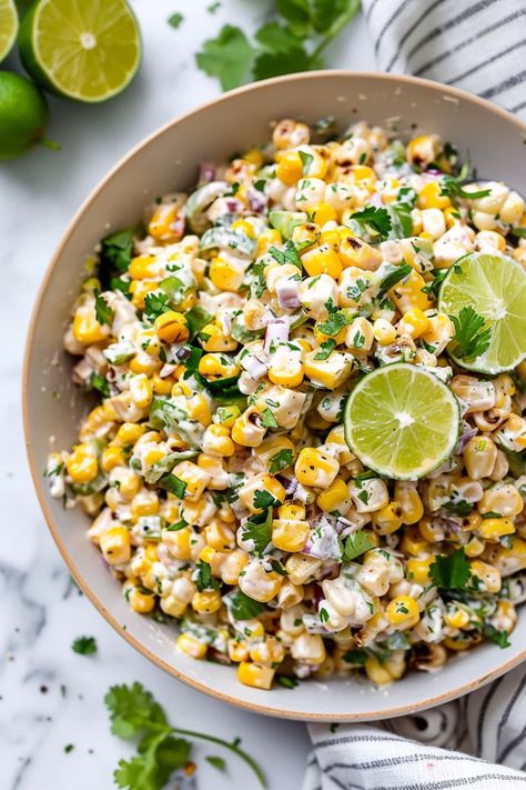 Mexican street corn salad has the perfect balance of smoky, spicy, tangy and creamy flavors. It's light, colorful, and ideal for summer grilling. Fogo De Chao Corn Salad, Brazilian Corn Salad, Mexican Corn Bowl, Corn Cotija Salad, Mexican Food Side Dishes Appetizers, Corn Salad For Bbq, Summer Mexican Side Dishes, Mediterranean Corn Salad, Grilled Lemon Lime Corn Salad