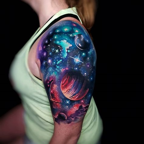 Galaxy and planets half sleeve tattoo Watercolor Galaxy Tattoo, Galaxy Tattoo Sleeve, Space Tattoo Sleeve, Watercolor Tattoo Sleeve, Cosmic Tattoo, Universe Tattoo, Bottle Tattoo, Planet Tattoos, Tattoo Magazine