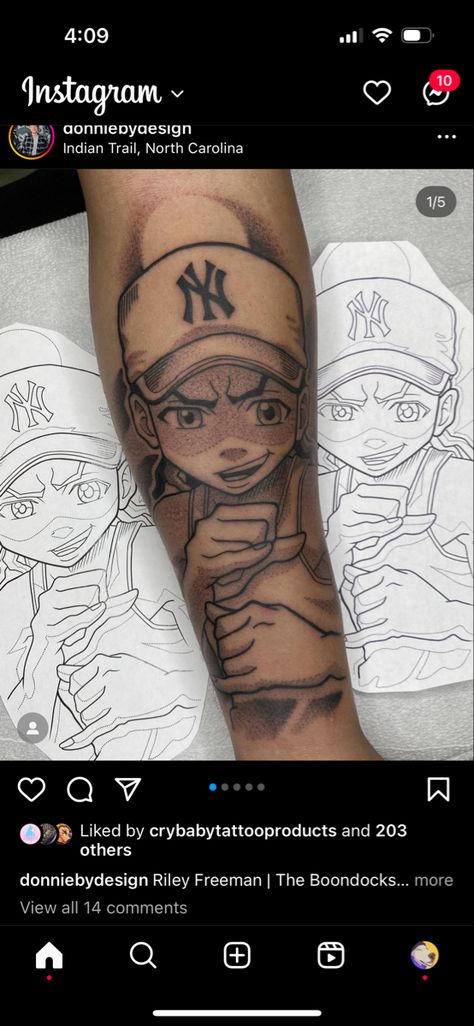 Riley Freeman Tattoo Design, Boondocks Sleeve Tattoo, The Boondocks Tattoo Ideas, Riley Boondocks Tattoo, Riley Freeman Tattoo, Boondocks Tattoo Designs, Boondocks Tattoo, Tattoos That Mean Something, Arm Tattoos For Guys Forearm