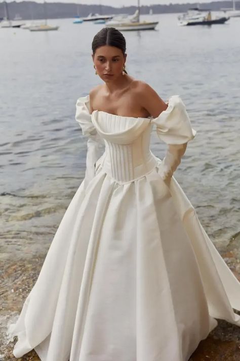 Kwh Bridal, Mikado Fabric, Wedding Dress With Long Sleeves, Basque Waist, Karen Willis Holmes, Detachable Sleeves, Princess Wedding Dress, Princess Wedding, Neck Wrap