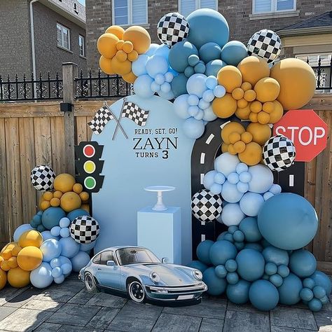 Amazon.com: 134Pcs Blue Balloon Arch Garland Kit,Dusty Baby Blue and Yellow Checkered Balloons for Race Car Truck Two Fast Hot Wheels Boy's Birthday Party Supplies Decorations Baby Shower Gender Reveal : unknown author: Toys & Games Blue Car Birthday Theme, Hot Wheels Balloons, Race Car 1st Birthday Party Ideas, Hot Wheels Decor, Car Baby Shower Theme, Boy Balloon Garland, Checkered Balloons, Car Party Theme, Hot Wheels Birthday Party Ideas