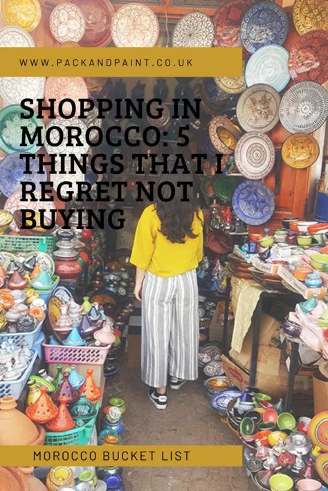 Shopping in Morocco: 5 things that I regret not buying | Pack & Paint  Shopping in Morocco is a unique experience. The souks are full of beautiful carpets, plates and a whole load of stuff that you didn’t realise you needed. If you are a shopaholic, make sure you leave some space in your bag. I guarantee you will not be able to resist the urge to spend.   #morocco #shopping #souks #medina #marrakech Shopping In Morocco, What To Buy In Morocco, Marrakech Morocco Outfit, Morocco Clothes, Marrakech Shopping, Morocco Outfits, Morocco Clothing, Morocco Travel Outfit, Marrakech Souk