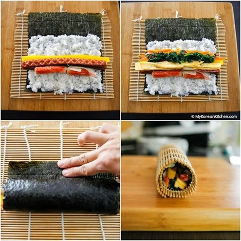 Easy Kimbap (Korean Sushi Roll) - My Korean Kitchen Korean Picnic Food, Easy Kimbap, Korean Picnic, Sushi Rolls Recipe, Gimbap Recipe, Korean Sushi, Seaweed Rolls, Easy Picnic Food, Sushi Roll Recipes