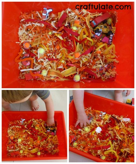 Fire Sensory Bin for Toddlers Lava Sensory Bin, Fire Sensory Bin, Fire Prevention Week Activities, Fire Safety Preschool Crafts, Sensory Bin Fillers, Fire Safety Crafts, Fire Safety Unit, Fire Safety Theme, Fire Safety Activities