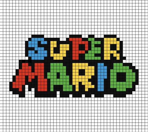 A pixel art template of the Super Mario logo (this is a larger image, for the cover section of the Mario section in Pinterest). Super Mario Logo, Nintendo Crafts, Mario Logo, Video Game Pattern, Perler Bead Mario, Anime Crafts Diy, Art Perle, Easy Pixel Art, Pixel Art Templates