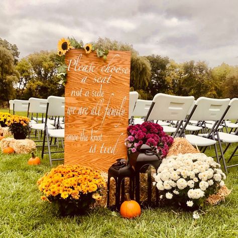 Decorating With Mums For Wedding, Wedding With Pumpkins Decorating Ideas, Mums Wedding Alter, Mums Flowers Wedding Decor, Mums And Sunflower Wedding, Fall Mums Wedding Aisle, Aisle Decorations Wedding Outdoor Fall, Mums Aisle Wedding, Fall Mum Wedding Centerpieces