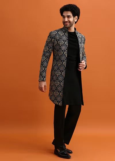 Black Indowestern Set With Hand Work For Men Indo Western Men, Black Indo Western Dress, Indowestern Outfits For Men, Engagement Mehendi, Mehendi Wedding, Indo Western Dress For Men, Indowestern Dress, Indo Western For Men, Indo Western Dresses