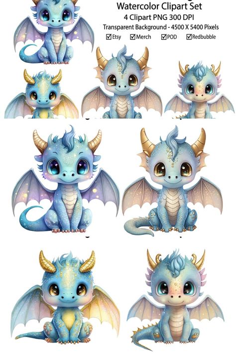 Cute Blue Dragon Watercolor Clipart Set Blue Dragon Illustration, Dragon Illustration Cute, Cute Dragon Illustration, Cute Blue Dragon, Dragon Watercolor, Baby Dragon Art, Kawaii Dragon, Cartoon Sea Animals, Watercolor Beginner