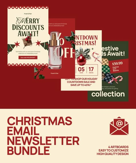 Create eye-catching holiday email campaigns with this Christmas Email Newsletter Bundle! Featuring 4 fully customizable templates, these designs are perfect for promoting festive discounts, countdown sales, and exclusive collections. Easy to edit and high-quality, they're ideal for boosting your seasonal marketing efforts. __ #kittl #kittldesign #kittlai #newsletter #marketing #illustration #graphicdesign #designtool #vectordesign #designinspiration Christmas Email Marketing Design, Holiday Hours Post, Email Hero Design, Holiday Website Design, Christmas Newsletter Design, Christmas Email Marketing, Christmas Website Design, Holiday Email Design, Christmas Email Design