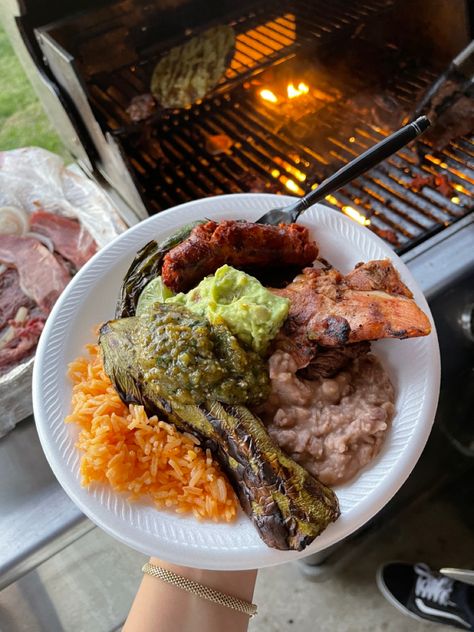 perfect bbq carne asada plate!! refried beans spanish rice Carne Asada Plate, Carne Asada Aesthetic, Identity Collage, Bbq Plates, Adventure Life, Spanish Rice, Long Acrylic, Carne Asada, Refried Beans