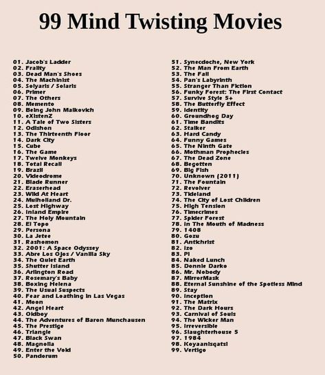 Mind Twisting Movies, The Man From Earth, The Ninth Gate, Jacob's Ladder, Dark City, Butterfly Effect, First Contact, Funny Games, Tv Movie