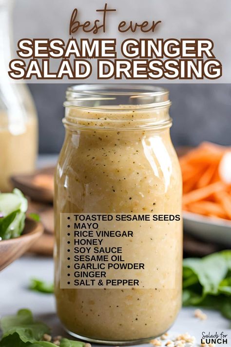 This Creamy Sesame Ginger Salad Dressing is a tangy, nutty, and velvety smooth blend of Asian-inspired flavors, perfect for salads, veggies, or noodles. Made with fresh ginger, tahini, and toasted sesame oil, it’s easy to whip up and irresistibly delicious! Ginger Tahini Dressing, Creamy Sesame Salad Dressing, Asian Inspired Salad Dressing, Sweet Asian Dressing, Sesame Ginger Salad Dressing Recipe, Salad Sesame Dressing, Sesame Ginger Salad Dressing, Healthy Sesame Dressing, Asian Ginger Salad Dressing Recipe