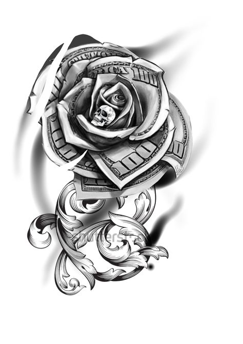 Rose With Money Tattoo, Dollar Rose Tattoo Design, Money Flower Tattoo, Dollar Tattoo Design, Money Rose Tattoo Design, Money Rose Tattoo Stencil, Gangsta Girl Tattoo, Chicano Tattoo Ideas, Tattoo Bein Frau