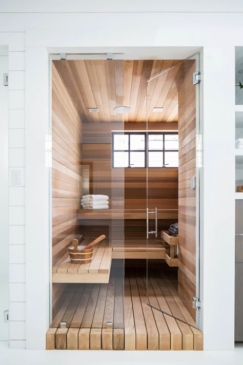 Project Newport Waterfront Reveal // Master Suite Sauna Bathroom Ideas, Home Steam Room, Sauna Bathroom Design, Beach Style Bathroom, Home Spa Room, Sauna Design, Sauna Room, Modern Beach House, Steam Room