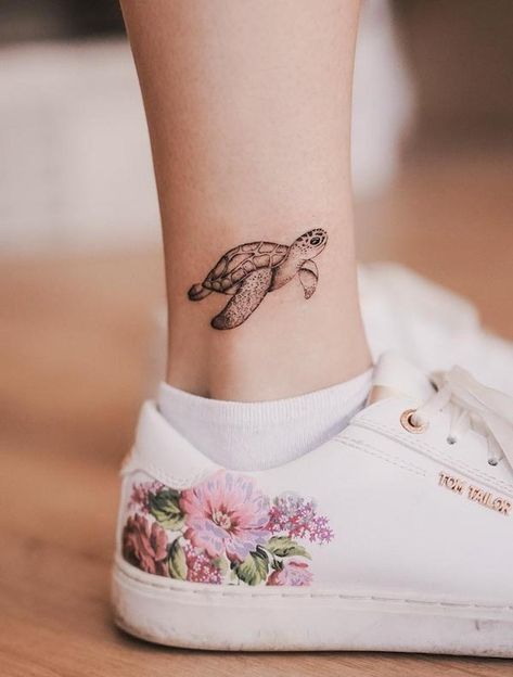 Animal Ankle Tattoos For Women, Sea Turtle Tattoo On Foot, Ocean Ankle Tattoos For Women, Sea Turtle Fine Line Tattoo, Turtle Tattoo Ankle, Baby Sea Turtle Tattoo, Dainty Ankle Tattoos For Women, Turtle Ankle Tattoo, Turtle Foot Tattoo