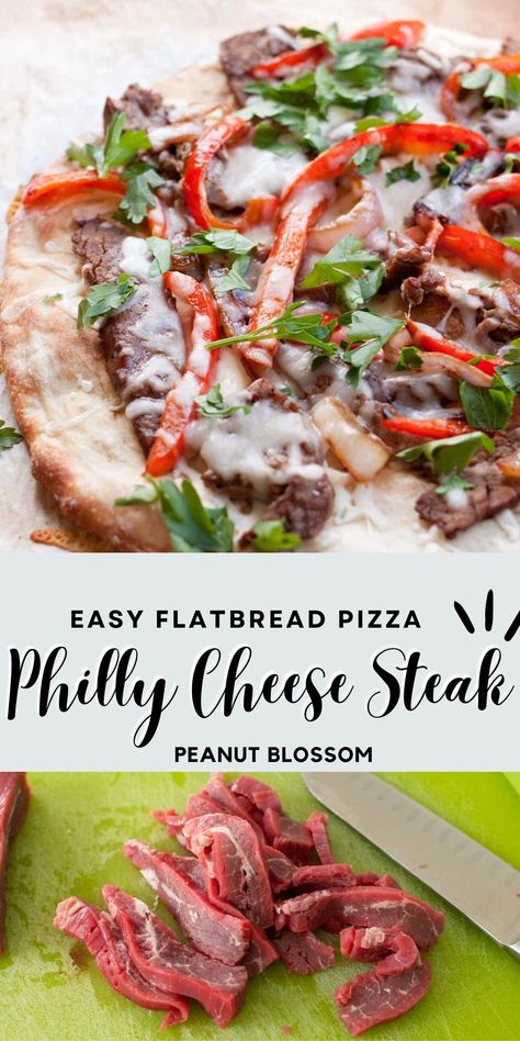 This restaurant style flatbread pizza has a deliciously American twist: Philly cheese steak pizza recipe Use leftover flank steak in a pinch and let your kids build their own pizza for an awesome and easy family dinner. Steak Flatbread Pizza, Leftover Flank Steak, Steak Flatbread, Easy Philly Cheese Steak, Cheese Steak Pizza, Philly Cheese Steak Pizza, Easy Flatbread Pizza, Healthy Steak, Flatbread Pizza Recipes