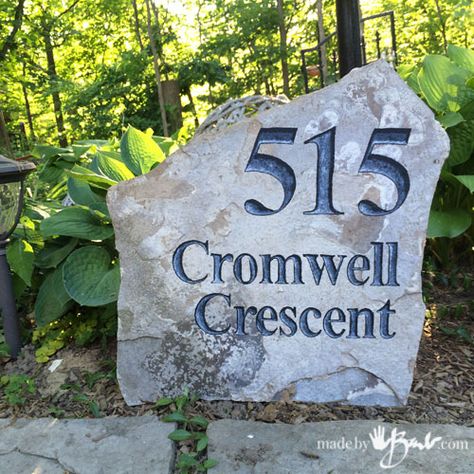 DIY Simple Faux Stone Engraving using paint | Instructions how to paint Letters and numbers that look chiseled in rock for address or name Address Stone, Parts Of The Letter, Engraved Stone, Faux Rock, Concrete Light, Stone Sign, Garden Stepping Stones, Stone Engraving, Painted Sticks