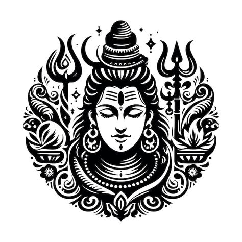 A black and white image of a god with a ... | Premium Vector #Freepik #vector #shiva #mahashivratri #shivaratri #hindu-symbols Hindu Art Symbols, Lippan Designs, Shiva Vector, Hindu Images, Ramen Logo, Temple Background, Hindu Tattoos, Japanese Ornament, All God Images