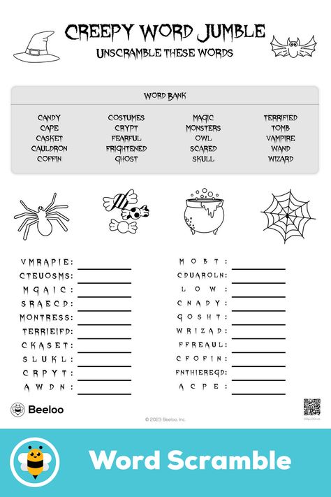 Advanced halloween-themed word scramble for kids ages 8 and up Fall Word Scramble Free Printable, Free Halloween Word Search Printables, Thanksgiving Word Scramble, Word Jumble, Halloween Word Scramble, Word Scramble For Kids, Candy Costumes, Crafts And Activities For Kids, Word Scramble