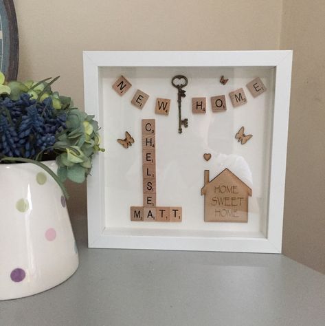 Diy New Home Gift, New Home Diy Gift, Cricut First Home Gift Ideas, New Home Shadow Box Ideas, New Home Diy Card, New Home Box Frame Ideas, Personalized New Home Sign, New Home Box Frame, Scrabble Letter Crafts