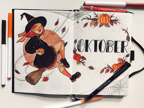 Illustration Deckblatt Oktober Halloween Bujo, October Journal, Bujo Themes, Campus Activities, Inner Witch, Wreck This Journal, Bullet Journal Notebook, Bullet Journal Design Ideas, Fall Watercolor