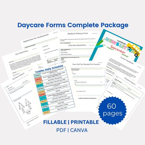 Hello, thanks for checking out this Daycare Enrollment Forms Bundle, great for starting a Daycare. This is a ZIP file containing over 60 pages of Daycare Applications and Daycare Policy Forms to get started. The ZIP file contains Word docs, PDFs (editable in Adobe) or free links to Canva Templates. These daycare starter pack forms are filled-in and customizable to your daycare center or home daycare. You will be able to edit it, print and email. This package of Daycare Forms is perfect for home daycares, preschools, and kindergarten classes to establish and communicate school policies with parents. You will receive a zip file containing fully filled-in documents so you can customize and edit to your childcare center's needs. The hard work is already done for you. Just edit, print, email, a Daycare Enrollment Forms, Daycare Paperwork, Opening A Daycare, Parent Handbook, Starting A Daycare, Daycare Forms, Employment Application, Notes To Parents, Classroom Newsletter